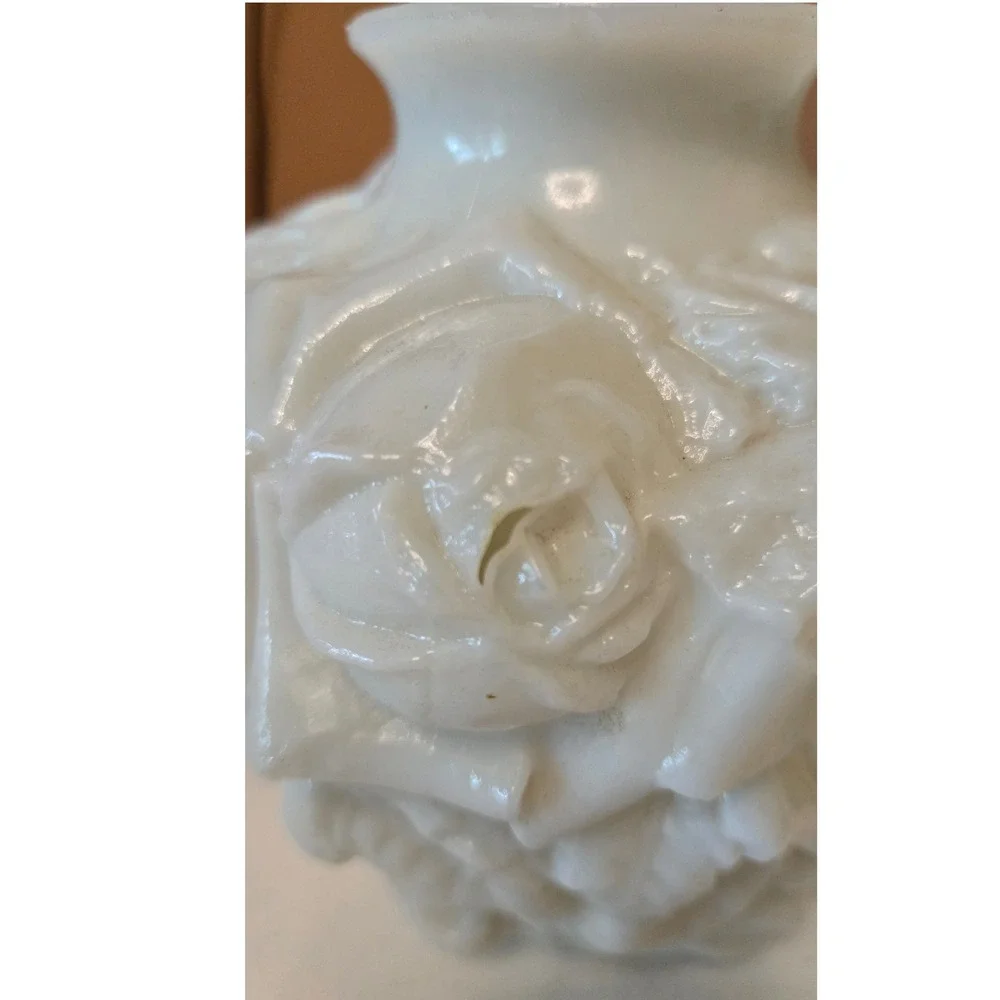 Vintage White Milk Glass Rose Bud Vase Embossed Floral Globe 4.5 inch
